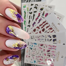 6 Sheets Marble Nail Stickers,3D Self-Adhesive Designs Nail Tips Sticker Colorful Irregular Gold Foil Stripe Line Nail Decals Watercolor Nail Designs Stickers for Women Acrylic Nails DIY Decoration