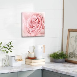 Pink Bathroom Decor - Pink Rose Close Up Canvas Wall Art Blush Pink Room Decor Aesthetic Light Pink Bedroom Decor Pink Artwork for Home Walls Floral Wall Pictures for Bathroom Wrapped 16x16inch