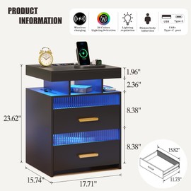 FREDEES Black Nightstand with RGB Lights & Charging Station, LED Night Stand with Drawers with Human Sensor LED Lights, End Sofa Tables for Bedroom/Living Room/Office