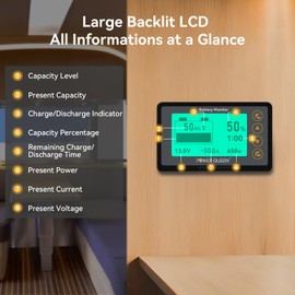 power queen 500A Battery Monitor with Shunt | Programmable Alarm | 8V-120V Voltage Range | LCD Display | 20ft Shielded Wire | Compatible with 12V Lithium, LiFePO4, Gel, Flooded Batteries