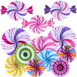 Outus 12 Pcs Hanging Paper Fans Candy Themed Classroom Decorations Lollipop Paper Fan Colorful Peppermint Ceiling Wall Decor for Candy Land Birthday Party Supplies
