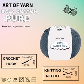 Art of Yarn Baby Cotton Pure 50% Cotton 50% Acrylic Fine 2 Yarn -Soft Smooth Summer for Knitting, Crocheting, Amigurumi, Baby Blankets Garments –50g(1.76 Oz),165 Meters (Blue-Grey, Pack 1)