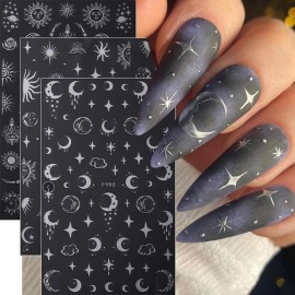 OSTTMA 8 Sheets Metallic Nail Art Stickers Decals Silver Moon Star Sun