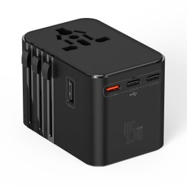 45W Universal Travel Adapter – Compact Plug with 3 USB-C & 2 USB-A Ports for EU/UK/US/AU, Ports Wall Charger, CE/FCC/RoHS Certified (Black)