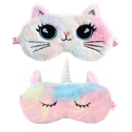 2 Packs Eye Mask for Sleeping - Cute Annimal Eye Mask Unicorn Cat Soft Plush Eye Covers for Grils Kids