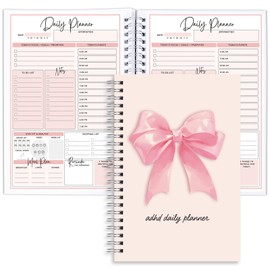 Wxiben ADHD Daily Planner for Adults - Pink Bow Daily Productivity Planner with To Do List Schedule Self-Cares Coquete Undated Task Management Full Focus Organizer for Neurodivergent Women Men