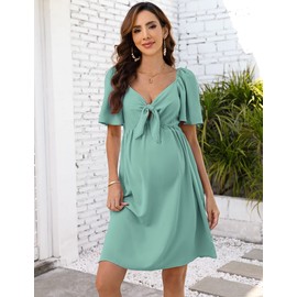 FUNJULY Maternity Dresses for Baby Shower Women's Knotted V Neck Knee Length Wrap Baby Shower Dress Light Green S