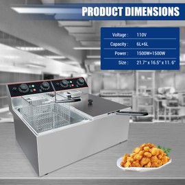 Commercial Deep Fryer, 12.6 QT Electric Deep Fryer with Double Basket and Lid, Stainless Steel Deep Fryer with Independent Temperature Control for Restaurant or Home Use, 1500W+1500W