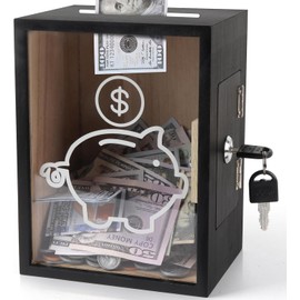 Clear Piggy Bank with Lock, Large Money Saving Jar Money Bank Box Container for Cash Saving Wooden Openable Money with Key Reusable Openable Money Coin Storage for Birthday Gift Home Decoration