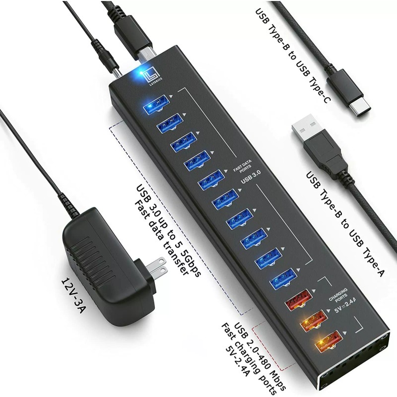Latorice Powered USB Hub Unibody Aluminum with 10 USB 3.0
