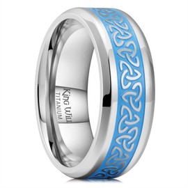 King Will 8mm Titanium Wedding Band For Men - Silver Polished Beveled Edges Blue Celtic Knot Fashion Wedding Ring For Daily Wear Comfort Fit,Hypoallergenic Size 8.5