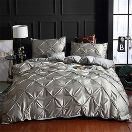 Erosebridal Grey Pinch Pleated Duvet Cover Set King Size Silk Like Satin Pintuck Bedding Set with Zipper Ruffle Design Luxury & Microfiber Comforter Cover Pintuck Decorative Bedspread Cover