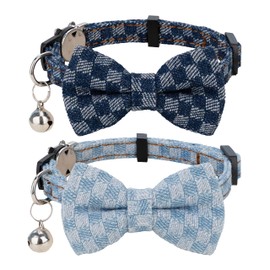 Gyapet Cat Collar Breakaway Bowtie Safety with Bell Adjustbale Kitten Puppy Solid Plaid Color Set O-[2pcs] Denim