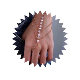 Inateannal Boho Layered Finger Ring Bracelet Gold Pearl Hand Chain Harness Bracelet Pearl Chain Tassel Slave Bracelets Pearl Finger Chain Bracelet Jewelry for Women and Girls