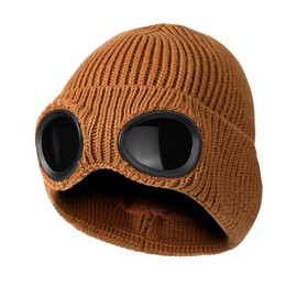 TAGVO Winter Warm Knitted Beanie Hat, Windproof Thermal Soft Fleece Lining Skiing Hiking Running Beanie with Detachable Goggles, Slouchy Thick Skull Cap for Men Women Adults Outdoor Sport Brown