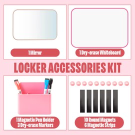 Locker Accessories Back to School Supplies Kit 22 PCS Locker Organizer School Decorations for Girls Include Whiteboard, Mirror, Pen Holder, Markers, Round Magnets, Strips, Light Pink