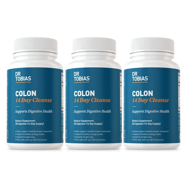 Dr. Tobias Colon 14 Day Cleanse, Supports Healthy Bowel Movements, Colon Cleanse Detox, Advanced Cleansing Formula with Fiber, Herbs & Probiotics, Non-GMO, 3 Bottles of 28 Capsules Each (1-2 Daily)