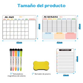 3 Pcs Calendario Magnético para Refrigerador,RONLADO Calendario Pizarron Blanco Magnetico con Calendarios Mensual,Semanal y Comestibles,Accesorios 5 Bolígrafos y Borrador de Pizarra para Hogar,Oficina