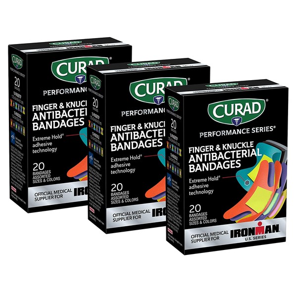 CURAD Performance Series Ironman Antibacterial Bandages, Extreme Hold Adhesive Technology, Finger & Knuckle Bandages, Flexible Fabric, Variety Pack with Assorted Sizes & Colors, 20 Count