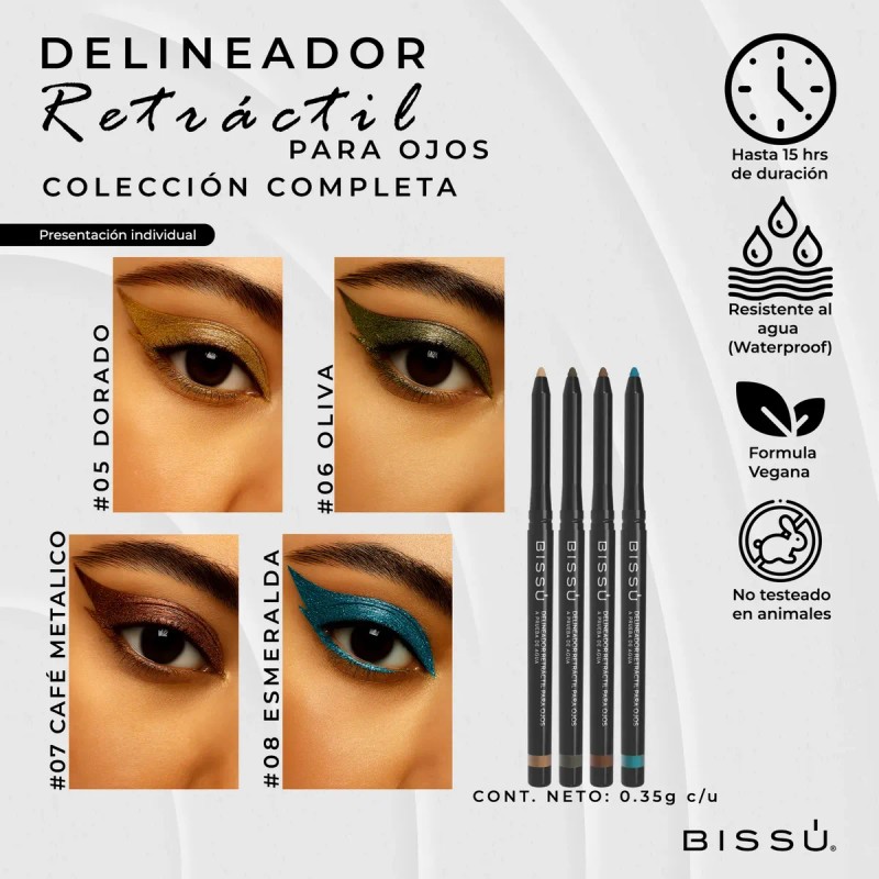 Delineador Retráctil Ojos Bissu Larga Duración Kit 8 Tonos