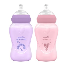 Evenflo Advanced Biberones Anticólicos Cuello Ancho, Rosa y Lila, Flujo Medio, 270ml, Silicón Libre de BPA, Sistema Doble Válvula, 2 Piezas