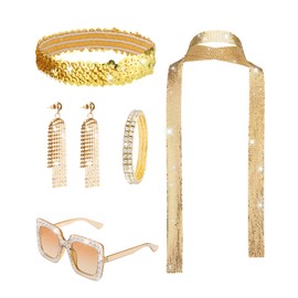 AWAYTR 70s Disco Accessories for Women 5PCS Sequin Scarf Disco Earrings Sunglasses Headband Diamond Bracelet (Gold)