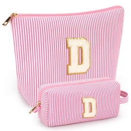2 PCS Initial Makeup Bags for Women: Cosmetic Bag for Travel Toiletry - Birthday Gifts for 11 12 13 14 15 16 17 18 Years Old Girl Graduation Teacher Gift- Teen Girl Gifts Trendy Stuff - Pink D