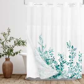 Tititex No Hooks Snap in Liner Teal Eucalyptus Leaves Shower Curtain Sets, Hotel Luxury Double Layers Waterproof Fabric & See-Through Top Window Bathroom Decorative 72x78 Inch