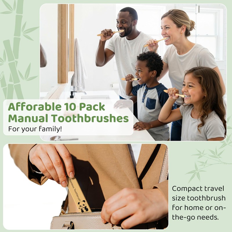 Bamboo Toothbrushes 10 Pack, BPA Free Plant Based Soft Bristle