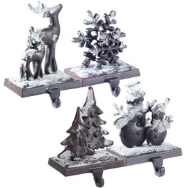 Desami 100% Cast Iron Christmas Stocking Holder, Set of 4 Hooks,ReindeerSnowman Santa Snowflakes Christmas Tree Stocking Holders Set of 4，2025 New Iron Christmas Stocking Holder Heavy Duty（4P）