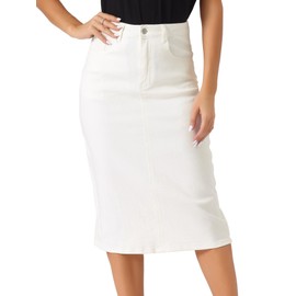 Allegra K Casual Denim Skirt for Women's High Waist Stretchy Midi Jean Skirts Cream White S