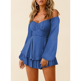 Fixmatti Women Ruffle Rompers Long Lantern Sleeve Shorts Boho Chiffon Mini Cute Jumpsuit Blue L