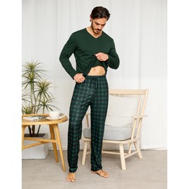 Bresdk Men's Long Cotton Pyjamas Winter V Neck Leisure Suit Long Sleeve, Green