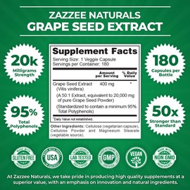 Zazzee High Strength Grape Seed 50:1 Extract, 180 Vegan Capsules, 95% Polyphenols, 400 mg per Capsule, 6 Month Supply, Standardized and Concentrated 50X Extract, Non-GMO, Made in The USA