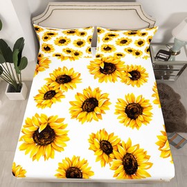 Sunflower Bed Sheets Set Twin 3D Floral Botanical Sheet Set Yellow Flowers Sheets Sunflower Decor for Bedroom Garden Bloom Flat Fitted Sheet, White (1 Top Sheet, 1 Fitted Sheet, 1 Pillowcase)