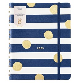 Busy B Spiral Weekly Diary 2025 - Navy Stripe & Gold Spot Faux Leather Cover - Week-to-View Layout, Notes, Monthly Planners & Tabs, Storage Pocket & Elastic Closure Band – Jan-Dec