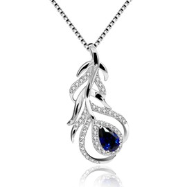 Uloveido 925 Sterling Silver Pear Cut Blue Corundum Sapphire Teardrop Feather Leaf Flower Pendant Feather Necklace FN101 (Blue)