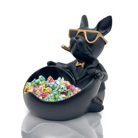 Huhote Bulldog Candy Bowl Decor, Heart-shaped Key Holder Bowl Candy Dish, Bulldog Accessories, Resin Bulldog Statue for Office Desk Home Decor Figurines Entryway Table Decor (Black)