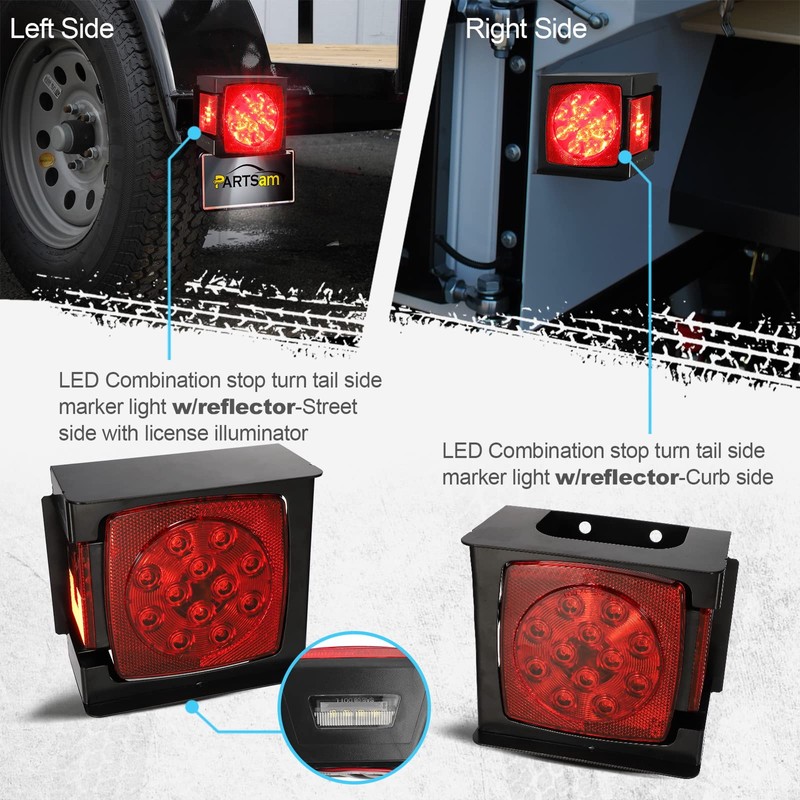 Partsam 2pcs Waterproof Square Led Trailer Light Kit Red LED