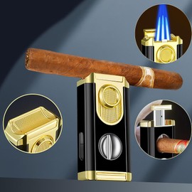 Torch Lighter, Adjustable Jet Flame Lighter, Refillable Butane Lighter, 3 in 1 Multifunctional Lighter with Stand for Candle, Grill, BBQ, Fireworks(Gold，No Butane Gas)