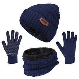 3-Pieces Winter Beanie Hat Scarf and Touch Screen Gloves Set Warm Knit Skull Cap for Men Women, Navy Blue(Hat Scarf Gloves)