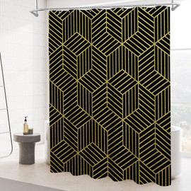 Litabel Extra Long Shower Curtain 72 x 84, Black and Gold Striped Fabric Waterproof Bath Curtain, Modern Geometric Art Decor Minimalist Shower Curtain Set