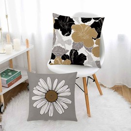 COMMINY Brown Black Pillow Covers 18x18 Set of 6, Daisy Flower Throw Pillow Cover Case Rustic Square Cushion Cover for Sofa Bedroom Living Room Farmhouse Home Decor