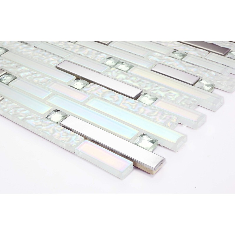 Hominter Glass Metal Tile Linear Mosaic Iridescent White Crystal Glass