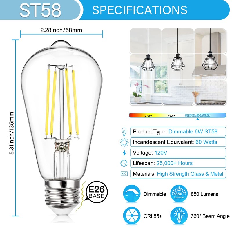 MAXvolador 20-Pack Vintage LED Edison Bulb Dimmable 60W Equivalent 850
