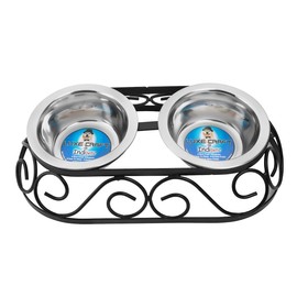 Indipets Oval Crown Wrought Iron Elevated Feeder with Two Stainless Steel Bowls for Dogs and Cats, Raised Bowls for pet, Heavy Duty Stainless Steel Bowls with Iron Stand (Small)