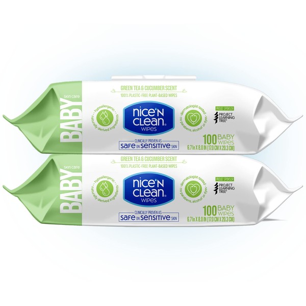 Nice 'n CLEAN Skin Care Baby Wipes Scented 100ct (2-Pack) | Safe on Sensitive Skin | Green Tea & Cucumber Scent | 100% Plastic-Free