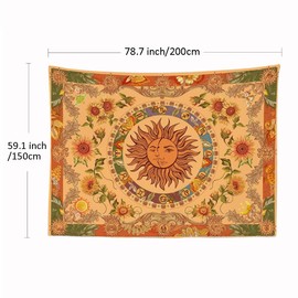 Ulticool - Sun Mandala Flowers Moon Nature Retro - Tapestry - 200 x 150 cm - Large Tapestry - Poster - Ochre Yellow Orange Green