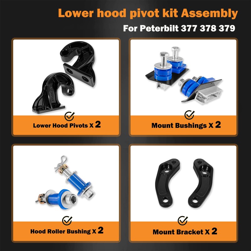 for Peterbilt Lower Hood Pivot Kit & Hinge Bolt &