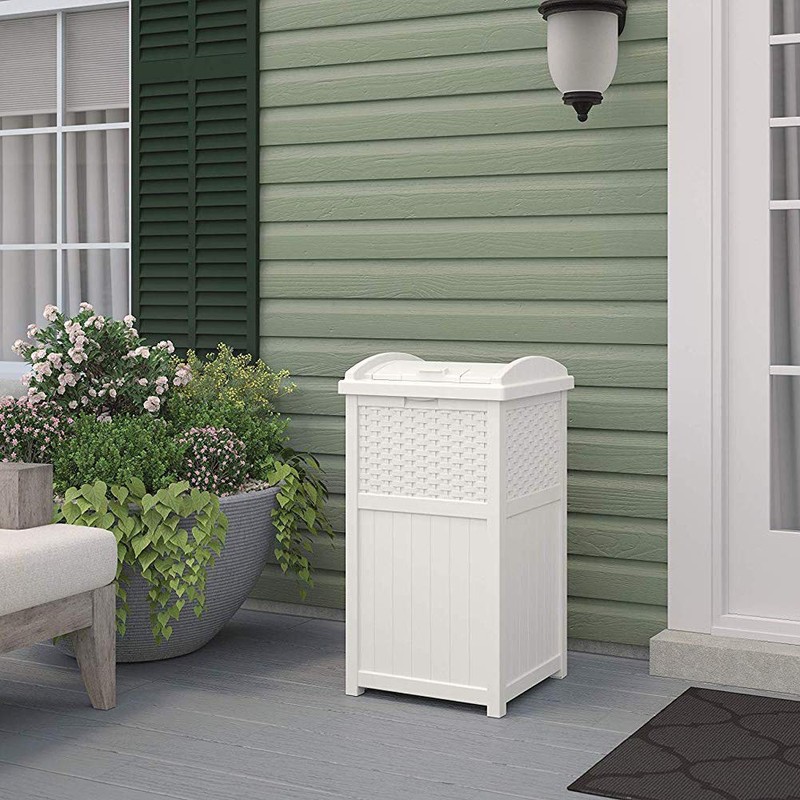 Suncast Wicker Plastic Outdoor Hideaway 33 Gallon Trash Can Bin